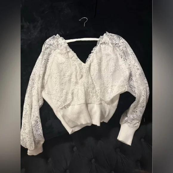 2/$50 White Lace Crop Sweater - Picture 2 of 5